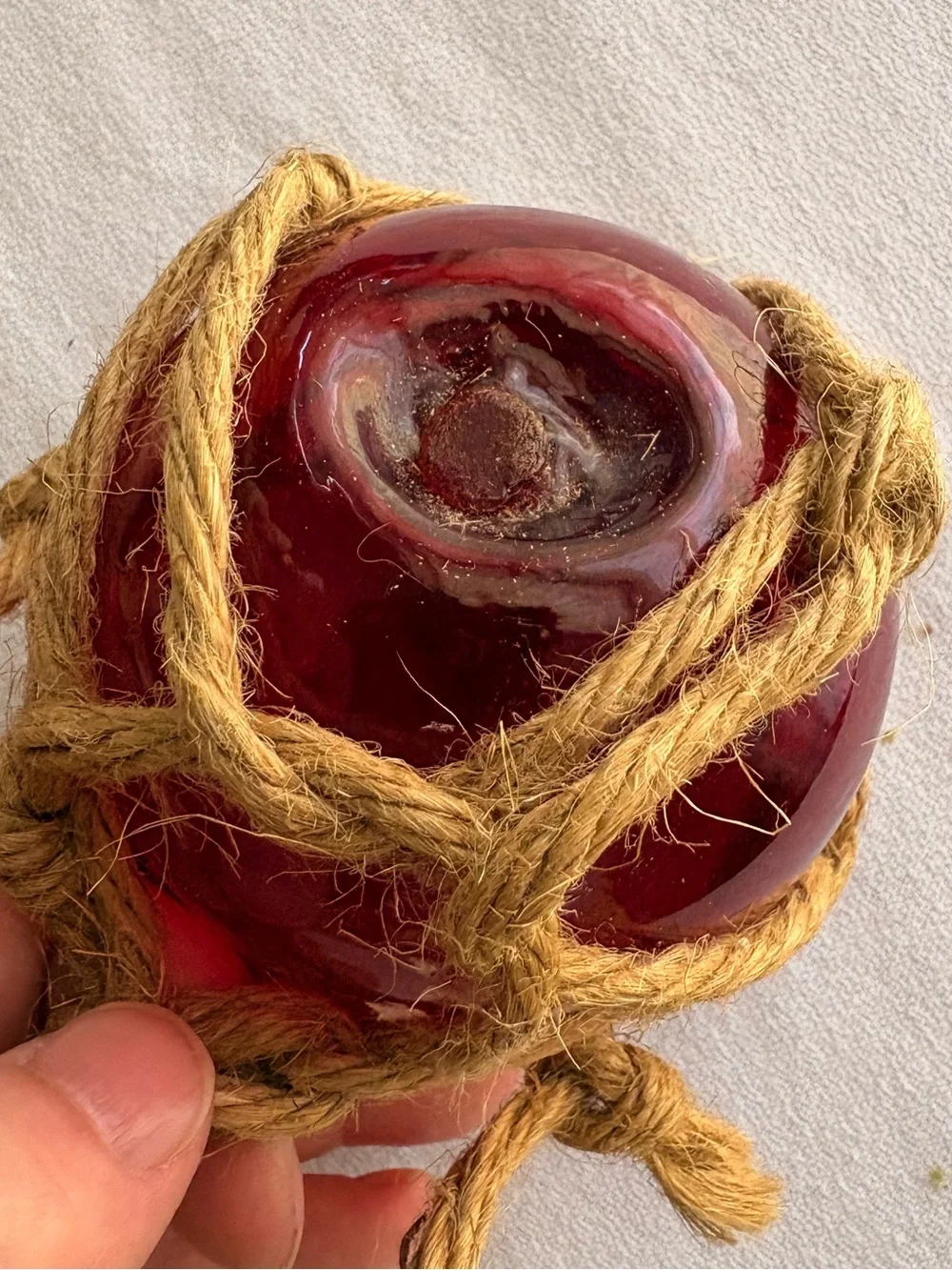 Red Blown Glass Float Ball Tiki Fish Float Jute Irregular Shape Bubbles Pontil 1